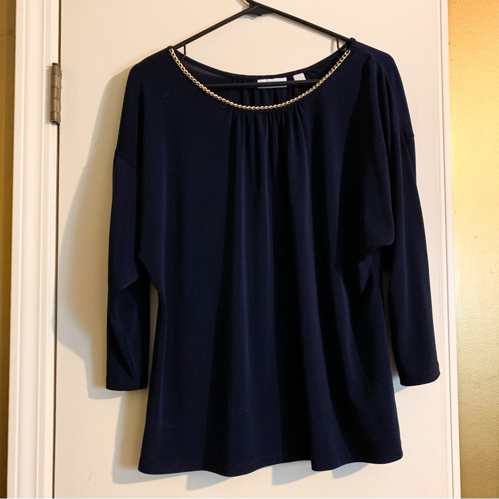 New York & Co blouse with gold chain neckline.